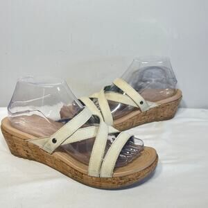 Crocs Shoes A-Leigh Mini Wedge Cream Leather Cork Sandals Vacation Spring 8